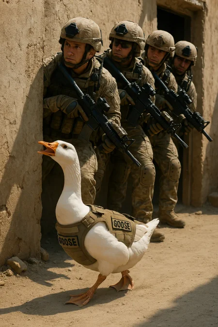 A photorealistic image of a modern military fireteam in desert camouflage stacked tightly against a crumbling wall in a dusty Middle Eastern alleyway. The soldiers are in full tactical gear — ballistic helmets, plate carriers, radios, and rifles — prepared to breach a nearby doorway. Just ahead of them, confidently waddling toward the entrance, is a white goose outfitted in a fitted tactical vest with simple pouches and a patch that reads “GOOSE.” The bird's posture is defiant and alert, head raised, beak slightly open mid-honk, as if aggressively announcing its presence. Its webbed feet slap against the dusty concrete, kicking up small puffs of sand. One soldier peeks around the corner, clearly skeptical, while the others remain stone-faced — as if this is somehow standard protocol. The lighting is harsh and natural, casting sharp shadows across the wall and gear. The scene blends dead-serious combat realism with an undercurrent of absurdity — a no-nonsense unit letting a loud, feral goose take point.

