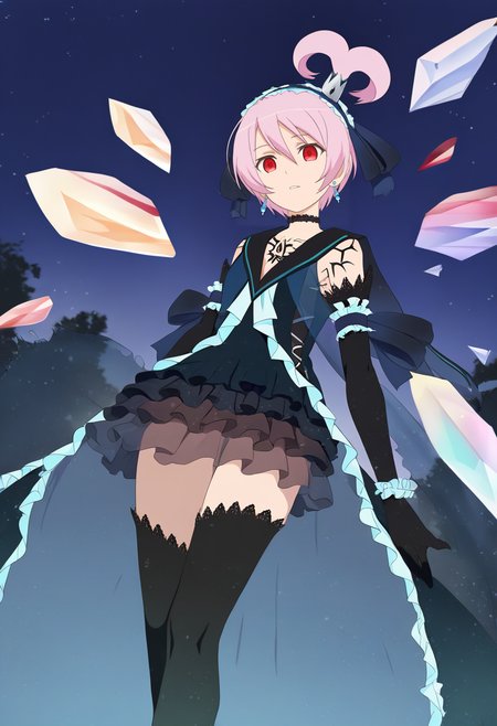 masterpiece, best quality,  <lora:dark_kanonno1:1.5>, 1girl, solo, dark kanonnno, black dress, black thighhighs, hairband, elbow gloves, earrings,  jewelry, choker, tattoo, earrings, night sky, cowboy shot, full body