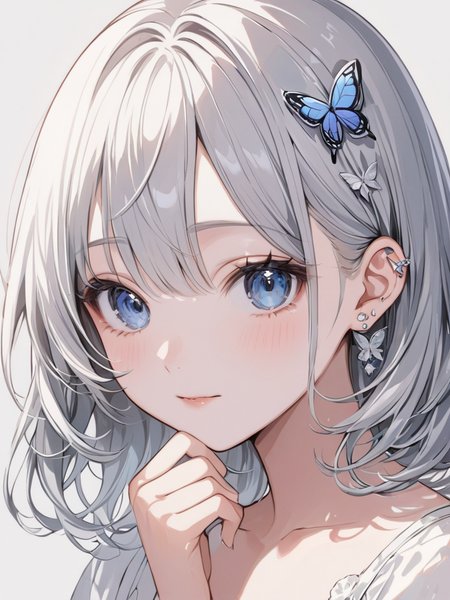 masterpiece,ultra-detailed,best quality,8K,illustration,cute face,clean skin ,shiny hair,girl,ultra-detailed-eyes,simple background, <lora:add-detail-xl:1> <lora:butterfly ear piercing_XL_V1.0:0.8> butterfly ear piercing,sliver piercing