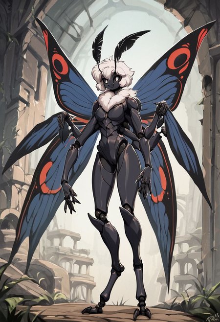 score_9, score_8_up, score_7_up, score_6_up, score_5_up, score_4_up, 
source_anime, rating_explicit, 
solo, female, 
brown and white body, fur, grey fur, fluffy, furred body,
short hair, white hair,
anthro, 
arthropod, insect, arthropod abdomen, black eyes, exoskeleton, joints
moth, lepidopteran, lepidopteran wings,
4 wings, multi wing, wings, 
2 antennae, antennae anatomy,
2 toes, toes, feet, digitigrade,
4 arms, 5 fingers, fingers, multi arm, 
smile, pose,
 ruins,
detailed background, digital art, hi res, detailed, fantasy art,
Vintage, 1990s \(style\), 90s4n1m3, retro artstyle