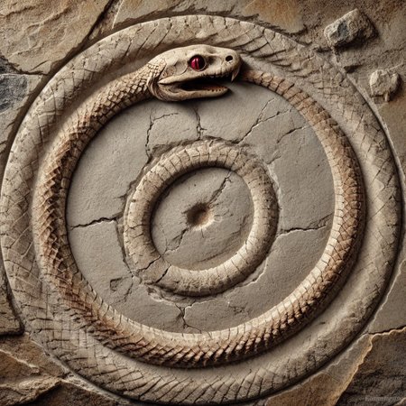Ouroboros fossil in stone, DonMF0551l5XL, 8k, high resolution, fine quality, high quality, very detailed, photo realistic, snake eating its own tail, snake with its tail in its mouth, solo snake, detailxl, snake has a ruby as an eye.