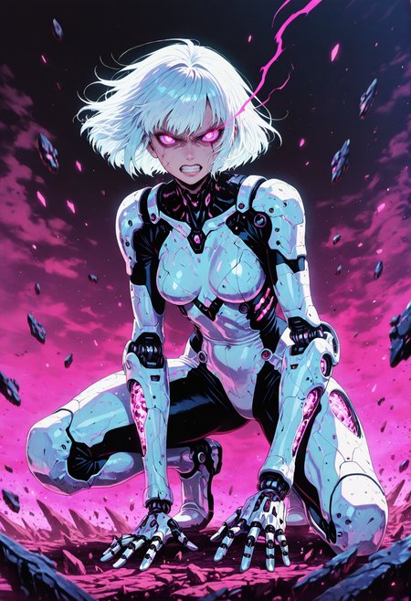 1women, 22yo, pink eyes, adult, sexy, alluring, 
angry, serious, looking at viewer, hatred, clenched teeth, glowing eyes, glowing eye trail, 
white hair, short bob cut, slim, small firm breasts, flowing hair,
patterned armor, heavy white armor, futuristic, mechanical limbs,
full body, on one knee, white bodysuit,
floating debris, powerful, toned,, detailed eyes, perfect eyes, realistic eyes,, masterpiece, best_quality, amazing_quality, very_aesthetic, 8k, high_quality, highres, absurdres, subject_focus,, <lora:AddMicroDetails_Illustrious:0.5>, Anime, GOTAV1.0, in the style of cksc, pinkretroanime, <lora:Gothic-Anime-V1.0_IL:0.6>,<lora:ChronoKnight_Neurocore_Shadow_Circuit:0.3> <lora:Pinkielicious_RetroAnime:0.1>