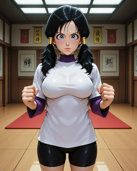 <lora:Dragon_Ball_Z_-_Videl-000019:1> dbz-videl, black hair, blue eyes, full body view,
Videl standing in a martial arts dojo, her toned body poised in a fighting stance, fists clenched tightly. Sweat glistens on her forehead as she breathes heavily, strands of her dark hair clinging to her face. The air is filled with the faint scent of worn mats and polished wood. Behind her, traditional martial arts banners hang proudly on the walls, while a row of punching bags sways slightly from recent strikes. Her sharp, determined gaze locks onto an unseen opponent, her muscles tense and ready for action.
"Videl wears a white oversized T-shirt with purple sleeves, paired with black bike shorts and green sneakers. Her hair is styled in twin pigtails tied with yellow bands, giving her a sporty and casual look."