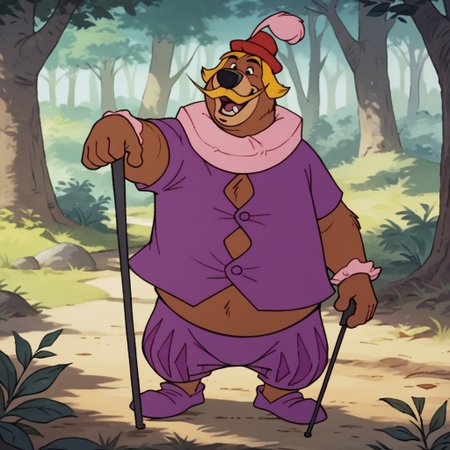 score_9, score_8_up, score_7_up, score_6_up, score_5_up, score_4_up, source_furry, LittleJohnRH, semi-anthro, male, bear, brown fur, blonde hair, mustache, monocle, red hat, purple shirt, purple pants, purple shoes, pink collar, holding, cane, standing, in forest, , <lora:f1ac7a6d-afd6-4432-8e8e-65baabea6fa2:0.7>