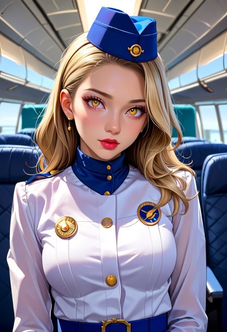 score_9, score_8_up, score_7_up, source_anime, highly detailed,  
1 girl, 23 years old,
margaretp4, blonde hair, long hair, yellow eyes, big breasts,
cabin crew, blue skirt, uniform, white shirt, miniskirt, stewardess hat, pantyhose, black pantyhose, high heels, lipstick,
airport, lounges, standing, From front.