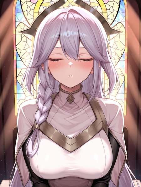 stained glass,dogmatika fleurdelis,1girl,solo,large breasts,upper body,from above,parted lips,blush,white dress,white capelet,black bodystocking,light rays,black hair ornament,closed eyes,sitting,
masterpiece,best quality,amazing quality,very aesthetic,absurdres,newest,<lora:Dogmatika Fleurdelis & Ecclesia the Virtuous illuXL v1:0.75>,
