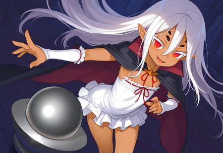 ((taimanin anemone, spider girl, dark-skinned female, expressive face, very long white hair, hair between eyes, pointy ears, red eyes, slit pupils, 6extra dark eyes, flat chest, white short dress, front chest ribbon, long black cape, white fingerless arm warmers)):1.3),
(1girl, solo),
((demon_core):1.3),
(score_9, score_8_up, score_7_up, score_6_up, masterpiece, best quality, newest, amazing quality, highres, enhanced colors, colored shadows, smooth edges, dynamic angle, wide shot, blending)