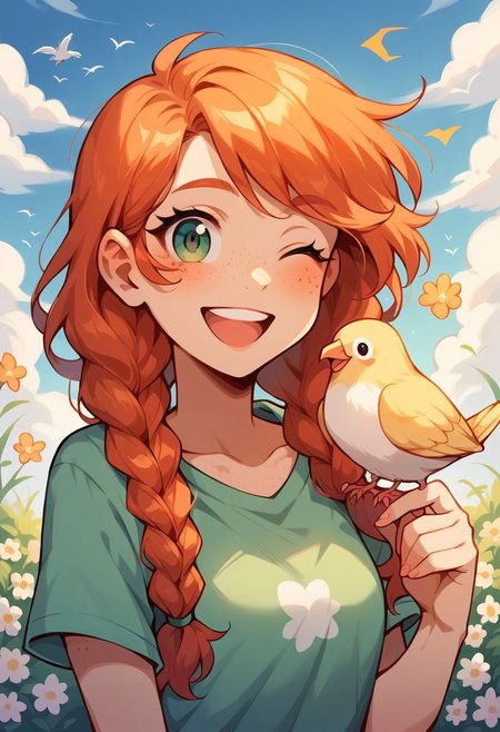 score_9, score_8_up, score_7_up, score_6_up,  <lora:p3tl0v3XLP:1> p3tl0v3, 1girl, 22yo, redhead, freckles, cute smile, Flower woven braids, bird on shoulder, cockatials, kawaii, cute, winking