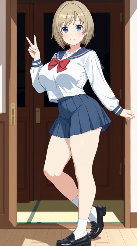 masterpiece, best quality, amazing quality, very aesthetic,  absurdres, best quality, 4k, upscale, indoors, dynamic pose, v,  kotoha, 1girl, solo, blue eyes, looking at viewer, short hair, smile,  bangs, light brown hair,  skirt, school uniform, breasts,  socks, pleated skirt, serafuku, blue skirt, shoes, large breasts,  bow, black footwear, white socks, loafers, red bow, standing, long sleeves, shirt, sailor collar, white shirt, bowtie, full body    <lora:Kotoha_IL:0.8>