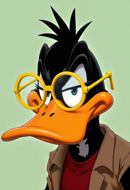 A close-up of Daffy Duck from Looney Tunes, wearing large, round yellow glasses with translucent lenses. His eyes are half-closed, giving a bored and unimpressed expression. His beak is large, orange, and slightly curved downward. Daffy Duck is dressed in a brown jacket with a high-collared red shirt underneath. The background is a simple, flat, light green surface with no additional details. The lighting is soft, with no visible shadows, creating a flat, cartoonish style.   <lora:FluxMythP0rtr4itStyle:0.8> MythP0rt, <lora:aidmaImageUpgrader-FLUX-V0.1:0.33> detailmaximizer,