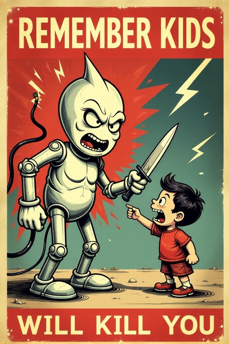 Generate an image in the style of a vintage 1950s public service announcement or propaganda poster. The image should be a warning sign with a dark humor theme. Depict a menacing, personified electricity bolt character holding a knife and pointed at a terrified cartoon child. Include the text "REMEMBER KIDS" and "ELECTRICITY WILL KILL YOU".  Use a bold, vintage font, a red, white, and black color scheme, lightning bolt symbols and a grainy texture. Keywords: vintage cartoon, propaganda poster, 1950s, public service announcement, warning, electricity, danger, funny, dark humor, retro  <lora:REMEs_War_Poster_Style:0.9> In REME's War Poster Style,âââ