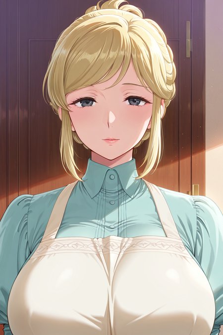 front view,
1girl,mature female,milf,huge breasts,upper body,looking at viewer,
Best quality,masterpiece,soft light,official art,high quality,highres,absurdres,epic scene,natural textures,<lora:Eri Aizawa IL:1>,eri aizawa,blonde hair,sidelocks,black eyes,apron,juliet sleeves,