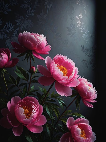 impactful color paint of Flowers painted on a dark wall with patterns. Peonies on the wall. Design for walls, photo wallpaper, wallpaper, murals, cards, postcards, paintings. <lora:Bold_Pop:0.6> ...........  highly detailed, vibrant colors , 8k, sharp, professional, clear, high contrast, high saturated, , vivid deep blacks, crystal clear