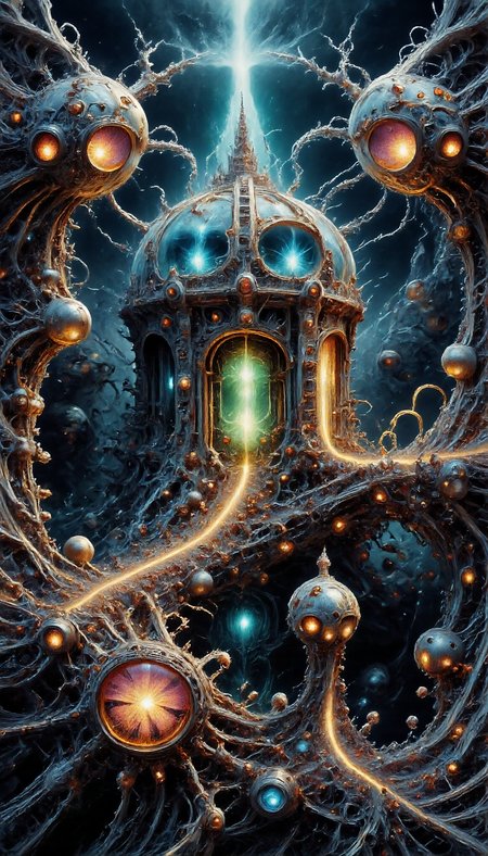 This is a highly detailed fractalex digital painting in a gothic style a compelling use of (snellâs law) how light travels through the lenses of spheres creating a gateway to other dimensions through an Electrified spectrum of fractal separation into multidimensional gateways with views of spiral galaxy, before entering a newdimension. Use (gold leaf,blue, pink) precise fractal design, flowing curves, precision, colorful fractal geometry, harmonic interference, dismrt style, realism, detailed digital illustration, photo manipulation, altered realities, digital artistry, striking visuals, chiroscuro lighting, masterpiece, best quality, highres, high detail, sharp focus, detailed background, light reflection, photo-realistic,  <lora:Epic_gorgeous_Details-flux.1:0.5> <lora:Amazing_scenery_v1:1> <lora:P-Mystic-Fusion_v10:0> <lora:flux.1_lora_surreal-tones_v1:0> <lora:RealisticDigitalPainting-flux:0.6> <lora:Electrified_Flux_v1:1> <lora:Dorota_Pietrowiak-Flux:0.3> <lora:best_of_flux_v30_rank64_bf16-step01750:0.65> <lora:ral-frctlgmtry_flux:0.65> <lora:fractalex:0.5441650390625> <lora:-_Flux1_-_vanta_black_V2.0:1>