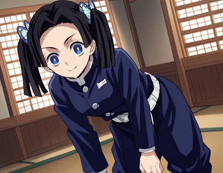 score_9, score_8_up, score_7_up, source_anime,
aoikanzaki, <lora:aoi-kanzaki-anime-ponyxl-lora-nochekaiser:1>,
aoi kanzaki, blue eyes, black hair, hair ornament, twintails, butterfly hair ornament,
long sleeves, belt, pants, blue jacket, white belt, demon slayer uniform, blue pants,
indoors, dojo, bent over, smile,
solo, looking at viewer, cowboy shot, dutch angle,