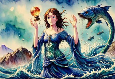 1girl, young water mage, water magic, blue flowing long dress made of fish scales, blue eyes, long wavy brown hair, casting water spell, sea serpent, (watercolor painting:1.3)