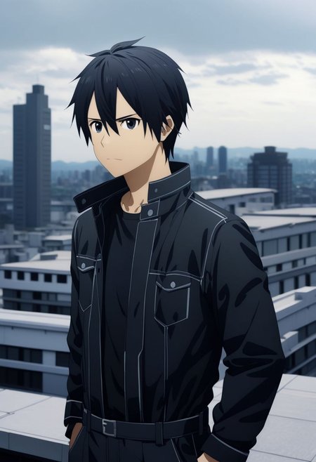high resolution, professional photography, best quality, 1Boy, Kirigaya Kazuto, Black Hair, Black Eyes, overalldetail, high-rise, roof top, top of building, strong wind, portrait, standing, building, landscape, depth of field