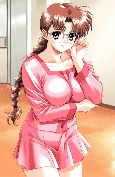 general,highres, ultra-detailed,very aesthetic,best quality ,best hands, BREAK <lora:Arima_Ayumi_YU-NO_IS:1>Arima_Ayumi(YU-NO),1girl, solo, brown hair, long hair, brown eyes, large breasts,
glasses, single braid, pink long sleeve, pink skirt,
smile,looking at viewer, cowboy_Shot,
Indoor, flooring,