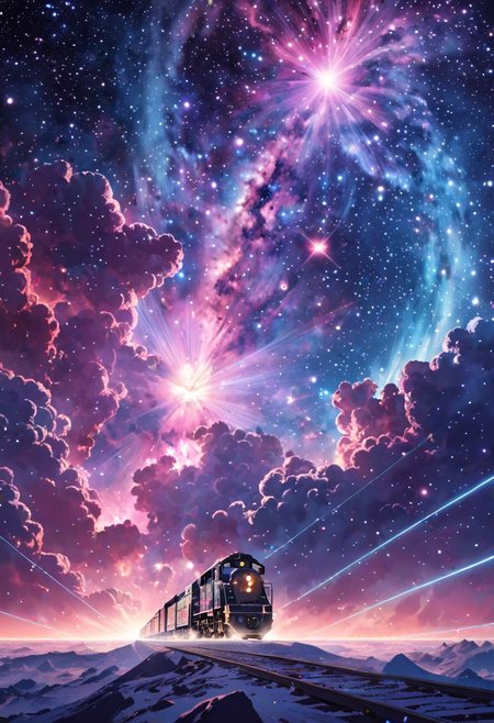 (masterpiece, best quality, highly detailed:1.2), ((a train is passing through the nebula, it's shourded in nebula)), dreamy, scifi fantasy, anime style, perfect composition, anzhcdreamwave, multi-colored theme, aesthetic, retro futuristic