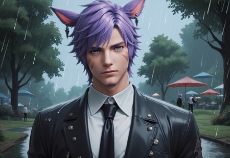 dt_xiv_style, looking at viewer, short hair, blue eyes, shirt, animal ears, jewelry, jacket, purple hair, white hair, male focus, earrings, outdoors, multiple boys, necktie, sleeveless, 2boys, tree, rain, miqo'te, score_9, score_8_up, score_7_up, score_6_up, score_5_up, score_4_up,
