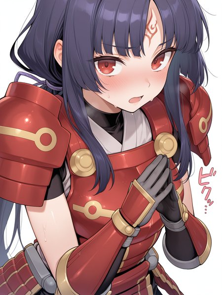 legendary six samurai - mizuho, blush, solo, open mouth, looking at viewer, sweat, sound effect, white background, simple background, sweatdrop, hands up, own hands together, upper body, 1girl, purple hair ribbon, red forehead mark, red shoulder armor, red armored gloves, red armored skirt, red breastplate, white shirt, low ponytail, black shorts, red eyes,
masterpiece,best quality,amazing quality,very aesthetic,absurdres,newest,<lora:Legendary Six Samurai - Mizuho illuXL v1:0.75>,