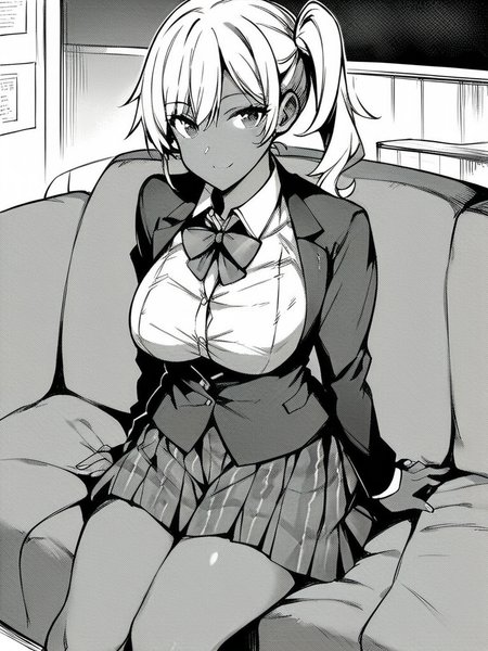 score_9, score_8_up, score_7_up, 
1girl, monochrome, dark-skinned female, white hair, side ponytail, large breasts, 

school uniform, blazer, bowtie, plaid skirt, sitting, couch, smile, looking at viewer,