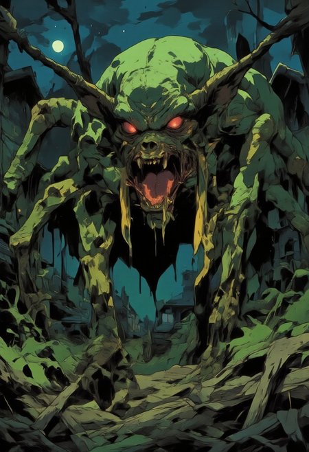 "A nightmarish creature, captured in a hauntingly detailed acrylic painting, dominates the scene with its dark, twisted form. The monster, a grotesque hybrid of wolf and spider, stands menacingly, its fur a sickly, decayed green that seems to pulse with unnatural vitality. Eight long, segmented legs, ending in razor-sharp, obsidian-black claws, dig into the ground, each one glistening in the eerie moonlight. Its snarling maw reveals jagged, yellowed fangs, dripping with an unsettling viscous liquid, while its glowing crimson eyes burn with malevolent intent, casting faint, flickering shadows on the desolate landscape. The atmosphere is thick with dread, as the creature's hunched posture and unnatural, retrograde features create an overwhelming sense of horror. Every strand of fur, every curve of its monstrous anatomy is meticulously rendered, with the acrylic strokes enhancing the grotesque realism of the scene. The background, shrouded in murky darkness, provides just enough detail to hint at a barren, forsaken wilderness, amplifying the creature’s presence as the focal point of this chilling, high-quality painting. The composition exudes an air of foreboding, captivating viewers with its macabre, yet mesmerizing depth."