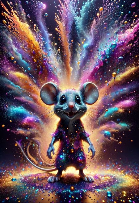 A psychedelic, surreal depiction of a cartoon mouse character with large ears, bright glowing eyes, and a mischievous smile. The character is surrounded by vibrant, dripping colors and swirling orbs, creating a vivid, otherworldly atmosphere. The scene is filled with intricate details and textures, giving it a dream-like, fantastical quality. The background is a mix of deep blues, purples, and golds, enhancing the surreal and mystical feel of the image