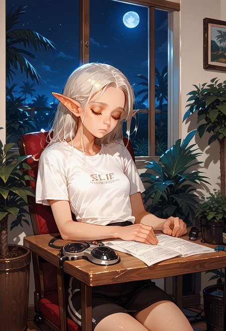 score_9, score_8_up, score_7_up, score_6_up, Frieren, elf ears,  , small breasts, t-shirt, working, exhausted, night, plants, table, chair, sleeping, palms on head