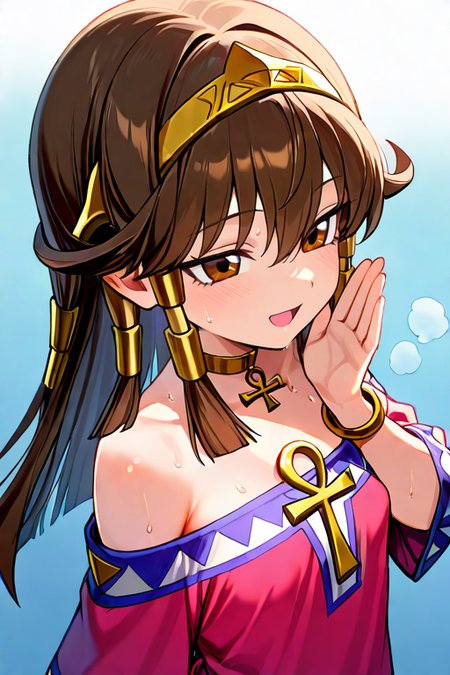 masterpiece, High quality, Ultra detailed, 2d, newest, absurdres, highres, BREAK
1girl, solo, egyptian, <lora:sera:0.8>, sera_(yu-gi-oh!), long hair, brown hair, sidelocks, hairband, hair tubes, jewelry, hair between eyes, brown eyes, choker,
small breasts, seradef, off-shoulder dress, dress, ankh, bracelet, 
from above, smile, open mouth, narrowed eyes, sweat, steam, whispering, hand up,
