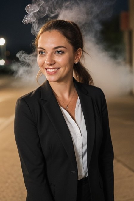 30yo American woman wearing business suit smoking cigarette
Dark black smooth long hair ponytail. smiling.
Looking at camera.
Smoke.
Dynamic varying pose.
Outside bussiness. Night time,  
Night time, dark.
