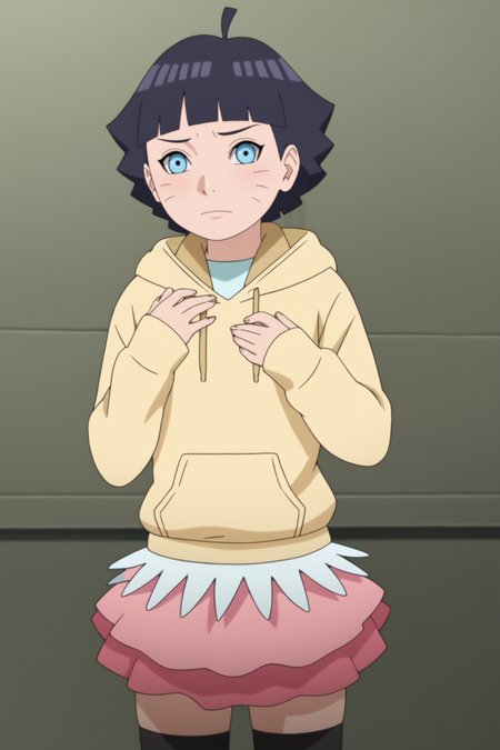 score_9, score_8_up, score_7_up, source anime, prefect lighting, very aesthetic, BREAK, anime coloring, anime screencap,
<lora:uzumaki_himawari_v2-pdv6:0.9>, 1girl, uzumaki himawari, boruto: naruto next generations, blue eyes, black hair, whisker markings, short hair, ahoge, 
himaout, hoodie, pink skirt, layered skirt, black thighhighs, zettai ryouiki,
BREAK, looking at viewer, 
BREAK,   raised eyebrow, Placing hand on chest