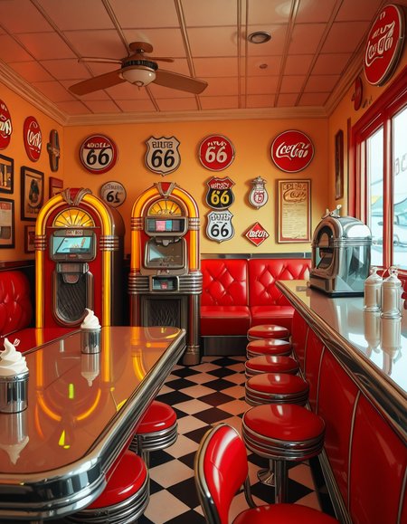 A classic 1950s American diner with a nostalgic retro atmosphere. The interior features red and white leather booth seating, chrome-trimmed tables, and a long counter with matching red barstools. A vintage jukebox with colorful neon lights stands against the wall, ready to play rock 'n' roll hits. The checkered black-and-white floor contrasts with pastel-colored walls adorned with Coca-Cola signs, Route 66 memorabilia, and classic diner menus. A row of shiny chrome napkin dispensers and glass salt and pepper shakers sit neatly on the tables. A milkshake machine and an old-fashioned soda fountain rest behind the counter, next to a vintage cash register. Large windows let in soft daylight, reflecting off the gleaming surfaces, creating a warm and inviting retro ambiance.
<lora:SDXLFaeTastic2400:0.4> <lora:extremely_detailed:0.4> extremely detailed,1950s American d1n3r, <lora:1950s_American_d1n3r-i:1>, Masterpiece,best quality,hi res,8k,hi res,8k,award winning,(sharp focus, intricate, highly detailed),
