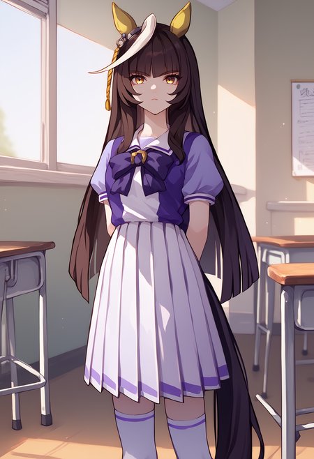score_9, score_8_up, score_7_up, score_6_up, source_anime, solo, 1girl, calstonelighto, horse tail, expressionless, looking at you, standing, arms behind back, horse ears, ear covers, summertracen, tracen school uniform, purple shirt, purple bow, horseshoe ornament, puffy short sleeves, white skirt, white thighhighs, indoors, classroom
<segment:yolo-face_yolov8m.pt,0.4,0.5>