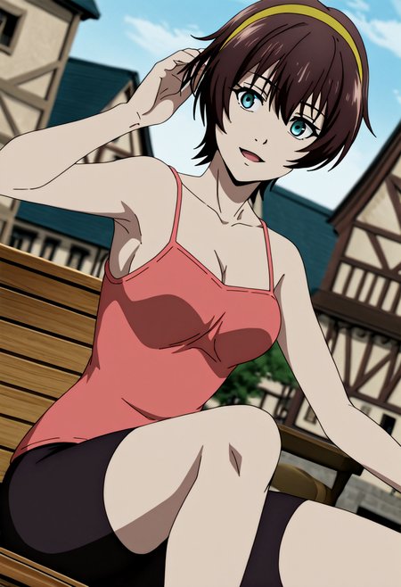<lora:Yuu_IL_V3:1>,masterpiece,high quality,highres,absurdres, score_9, score_8_up, score_7_up, very aesthetic, (Character), source_anime, detailed, high quality, beautiful, masterpiece, detailed eyes, castle, village, blurry background, cityscape, pose dynamic angle, light smile, open mouth, hand on hair, sitting.,
Yuu_Home,1girl,brown short hair,hair between eyes,blue eyes,medium breasts,collarbone,yellow hairband,bare shoulders,black bike shorts,camisole,pink shirt,sleeveless shirt,cleavage,