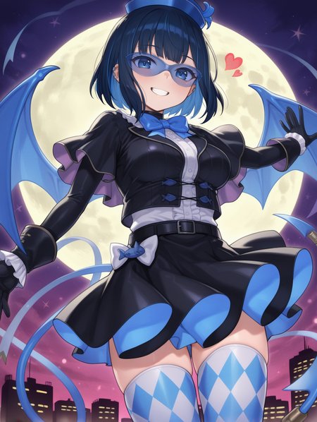 evil twin lil-la, phantom thief, 1girl, solo, smile, heart, looking at viewer, grin, blue-tinted eyewear, ear piercing, night, full moon, black gloves, medium breasts, blue bowtie, white frilled shirt, blue demon tail, blue demon wings, black frilled skirt, black jacket, blue mini hat, blue argyle thighhighs
masterpiece,best quality,amazing quality,very aesthetic,absurdres,newest,<lora:Evil Twin illuXL v1:0.7>,