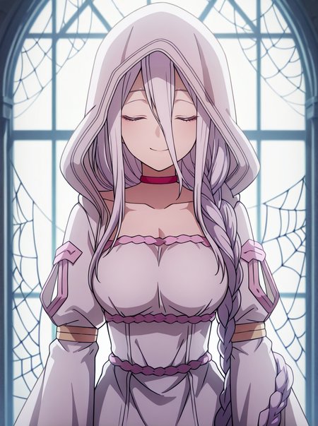 masterpiece, best quality, amazing quality, very aesthetic, absurdres, newest, ,  anime screenshot,   <lora:ShiraoriKumo:1>shiraoriillust, 1girl, long hair, solo, braid, choker, breasts, hood, dress, hair between eyes, single braid, looking at viewer, white dress spider web,  closed eyes,  smile,