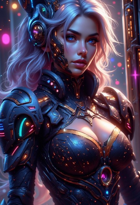 A fierce female warrior, bathed in the neon glow of the digital arena. Her skin is ashen, her hair a cascade of silver, framing eyes that shimmer with gold and silver. She wears a magnificent armor, a breathtaking fusion of metal and light.  Rainbow-colored circuits trace delicate patterns across its surface, while luminescent gold lines and a strip of pulsing RGB LEDs add a touch of futuristic elegance. The armor, revealing a glimpse of her cleavage,  is a masterpiece of hyperrealistic detail.  She stands, leaning against a monolithic, cybernetic structure, her gaze fixed on the viewer, a seductive challenge in her eyes.  Her long, slender fingers, adorned with a fingerless gauntlet,  add an element of both strength and grace.  Around her, a swirling vortex of luminous circuitry creates a mesmerizing backdrop, casting playful patterns of light on her armor. The scene is rendered with astonishing photorealism, capturing the interplay of metallic textures and pulsing digital energy in a symphony of light and shadow. Light particles dance around her, creating an aura of power and mystique. The lighting is soft, volumetric, and enhances every intricate detail,  highlighting the beauty and power of this digital warrior