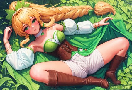 <lora:PixelSketcher:1>, pixelsketcher, - (masterpiece, best quality), 1girl, collarbone, {{Blonde}},{{Blonde hair colour}}, {{long hair}}, {{short twin braids}},{{ponytail hair}},{{green eyes},leafa,1girl
hair ornament, white shirt, green dress, green puffy sleeves, white detached sleeves, brown corset, white shorts, green waist cape, white kneehighs, brown knee boots, white choker, bracelet