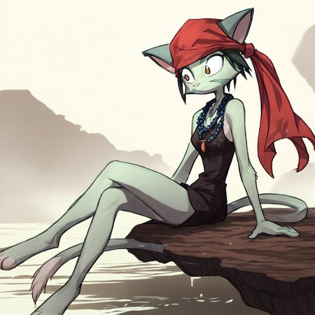 score_9, score_8_up, score_7_up, source_anime, BREAK 
lilith_calah, 1girl, furry female, furry, solo, tail, animal ears,
kojiann, short hair,   black short dress, sleeveless, bead necklace, red bandana, sitting, crossed legs,    <lora:Anna damp-000008:1>