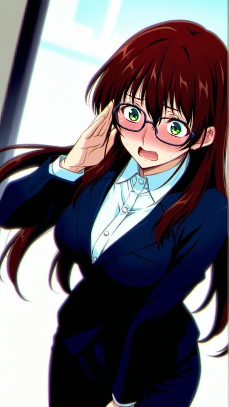source_anime, genral, best quality, masterpiece, 1girl,  <lora:Suzune_Saijo_ill_v1.0:1> suzune_saijo\(srw\),green eyes,brown hair, long hair , business suit, glasses, flustered, embarrassed,  dynamic pose, dutch angle, cowboy shot,