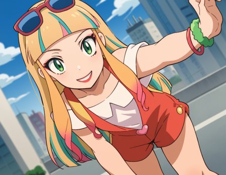 score_9, score_8_up, score_7_up, source_anime,
pokemonrisa, <lora:pokemon-risa-movie-ponyxl-lora-nochekaiser:1>,
risa, long hair, bangs, blonde hair, green eyes, multicolored hair, blunt bangs, makeup, lipstick,
shirt, jewelry, short sleeves, heart, bracelet, sunglasses, eyewear on head, overalls, overall shorts,
cityscape, street, bent over, smile,
looking at viewer, cowboy shot, solo, dutch angle,