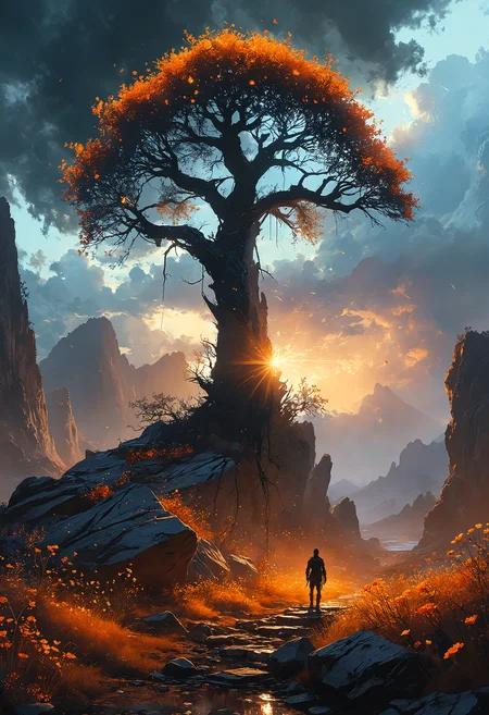 concept art In a forsaken world where darkness reigns supreme, the landscape is marked by jagged rocks and skeletal remains of trees, a testament to a long-lost era of life and prosperity. The sky is a blanket of deep, oppressive clouds, but through the sorrow and despair, a singular, bright light cuts through the darkness. This light comes from a patch of glowing flowers that have managed to bloom in the inhospitable terrain, their soft luminescence a stark contrast to the bleak surroundings. Protecting these flowers is a creature of light, its body composed of radiant energy, with eyes that glow like twin stars. This creature, ethereal and almost otherworldly, stands as a guardian of hope, its presence a poignant reminder of resilience and the enduring power of light even in the darkest times<lora:add-detail-xl:1> <lora:MJ52:0.5>  <lora:sss:0.5> <lora:zavy-flrscnc-sdxl:0.3> . digital artwork, illustrative, painterly, matte painting, highly detailed