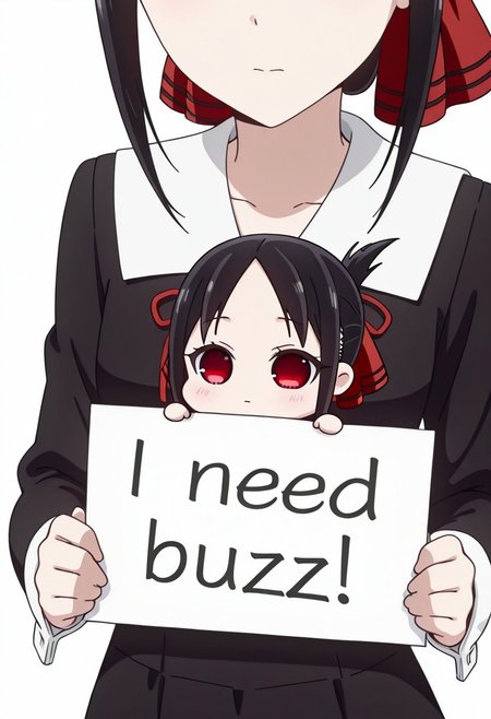 masterpiece, need_buzz, holding sign,chibi,chibi style, 
1girl, solo, white background, 1girl, shinomiya kaguya, solo, black hair, red eyes, ribbon, hair ribbon, folded ponytail, shuuchiin academy school uniform, black dress, collared dress, neck ribbon, long sleeves,close up