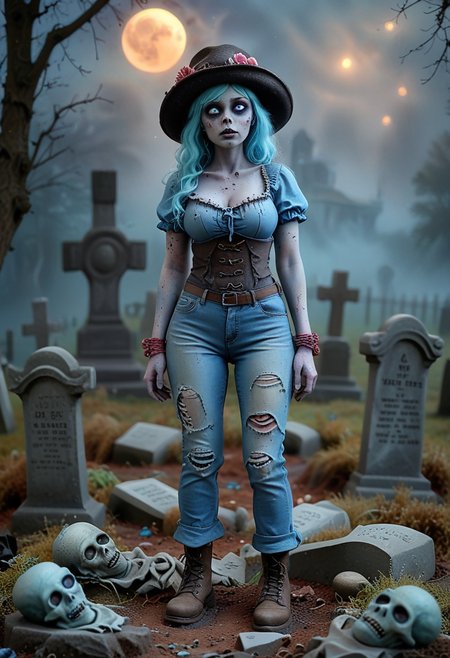(medium full shot) of (gruesome zombie) feminine, curvy body, glowing blue eyes,  wearing ashen blue dirt-covered top, worn-out trousers, broken boots, hollow eyes, haunted hat, set in  a creepy cemetery, with fog-covered ground, abandoned graves, eerie lighting, and ghostly presence, during full moon, Masterpiece,best quality, very aesthetic,