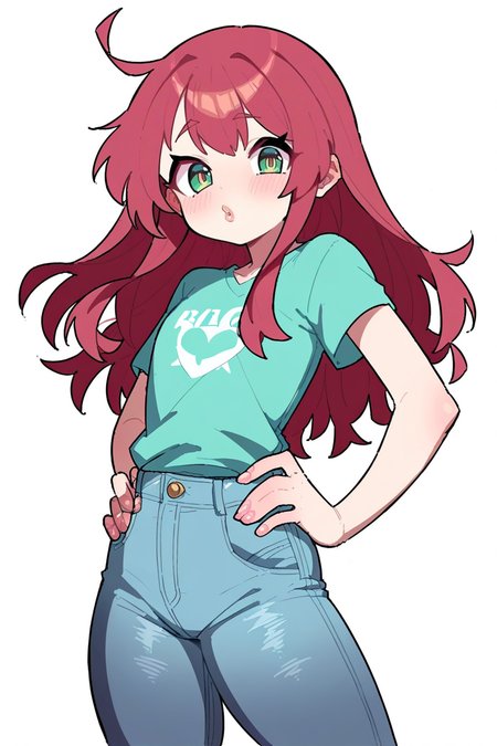 <lora:Cramachina:1>, score_9, score_8_up, score_7_up, score_6_up, score_5_up, rating_questionable, source cartoon
1girl, pretty face, pretty eyes, detailed eyes, HD eyes, thick thighs
hands on hips, standing, cowboy shot
looking at viewer, blush, eyebrows, long hair, red hair, green eyes jeans, green t-shirt, boots, high waisted jeans
simple background, white background