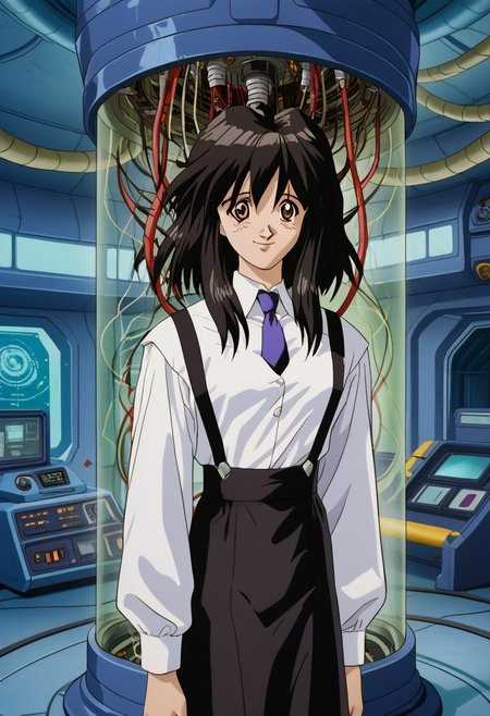 masterpiece, best quality, amazing quality, intricate details, solo, melfina, black hair, brown eyes, medium hair, retro artstyle, 1990s (style), white long sleeve shirt, necktie, black skirt, suspenders, shy smile, science fiction, cables, stasis tank, spacecraft, interior, in container,