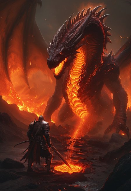 Inferno Wyrm: In the heart of a volcanic crater, a magma-breathing dragon coils around pools of lava, its crimson scales glowing with heat. The hero, a lone paladin, wields a shield enchanted to withstand fire, dodging the beast’s molten breath while trying to strike at the vulnerable underbelly. With every fiery roar, the air distorts, and the ground beneath their feet cracks, threatening to plunge them into the molten sea below.,
Bosstyle<lora:CyberRealistic_Negative-neg:1>  <lora:detailed_notrigger:1>  <lora:XL_boss_battle:1>