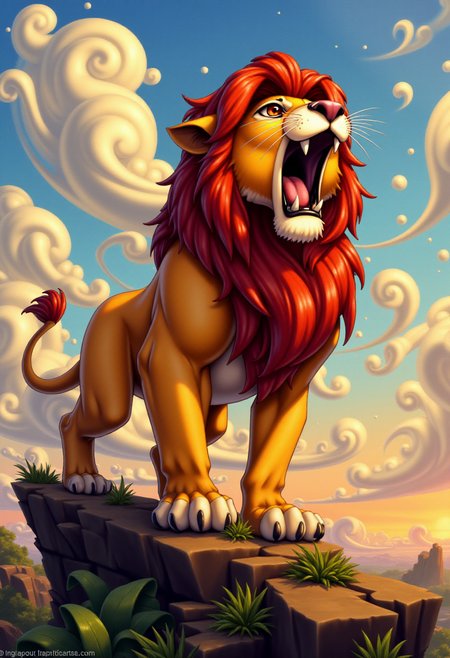 <lora:KFT_Curse_of_Dragons_Crown_Style_FLUX:1>
The image is a vibrant, digitally created kftfantasy illustration featuring   Simba roaring on pride rock