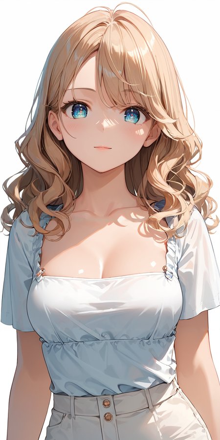 score_9, score_8_up, score_7_up,source_anime, high res image,masterpiece,best quality,women,middle breasts,cute face,clear skin,shiny hair,ultra detailed eyes,simple background,  <lora:wavy hair_pony_V1.0:0.8> wavy hair